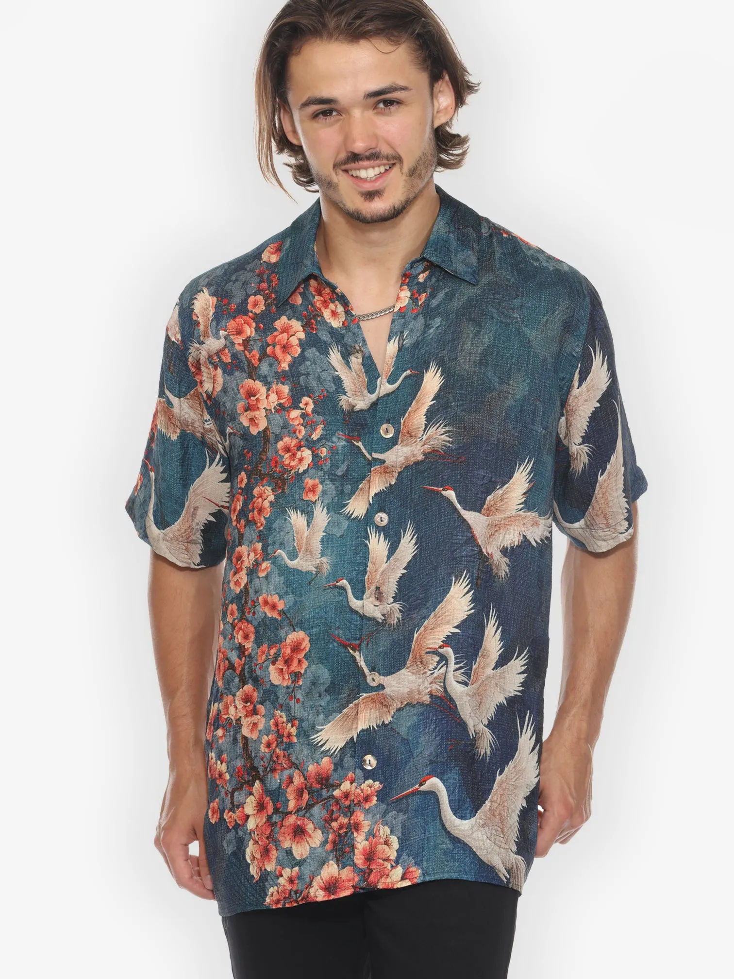 Sakura and Cranes Men’s Silk Blend Shirt sold by Citron product image thumbnail 3