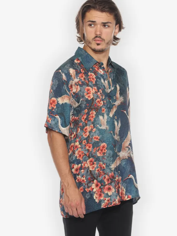 Sakura and Cranes Men’s Silk Blend Shirt sold by Citron