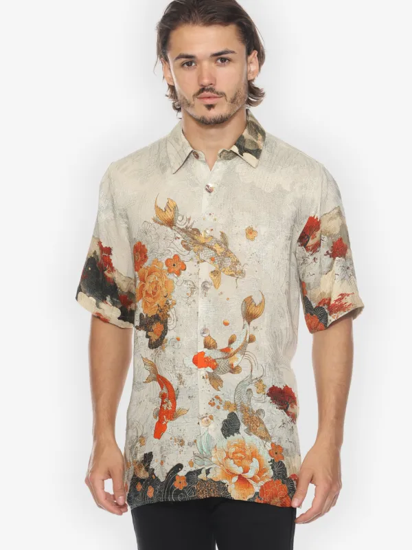 Noble Koi Fish in Cream Men’s Silk Shirt sold by Citron