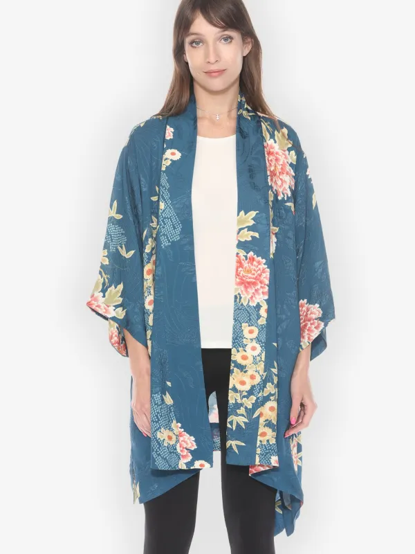Indigo Shibori Flowers Silk Kimono Jacket sold by Citron