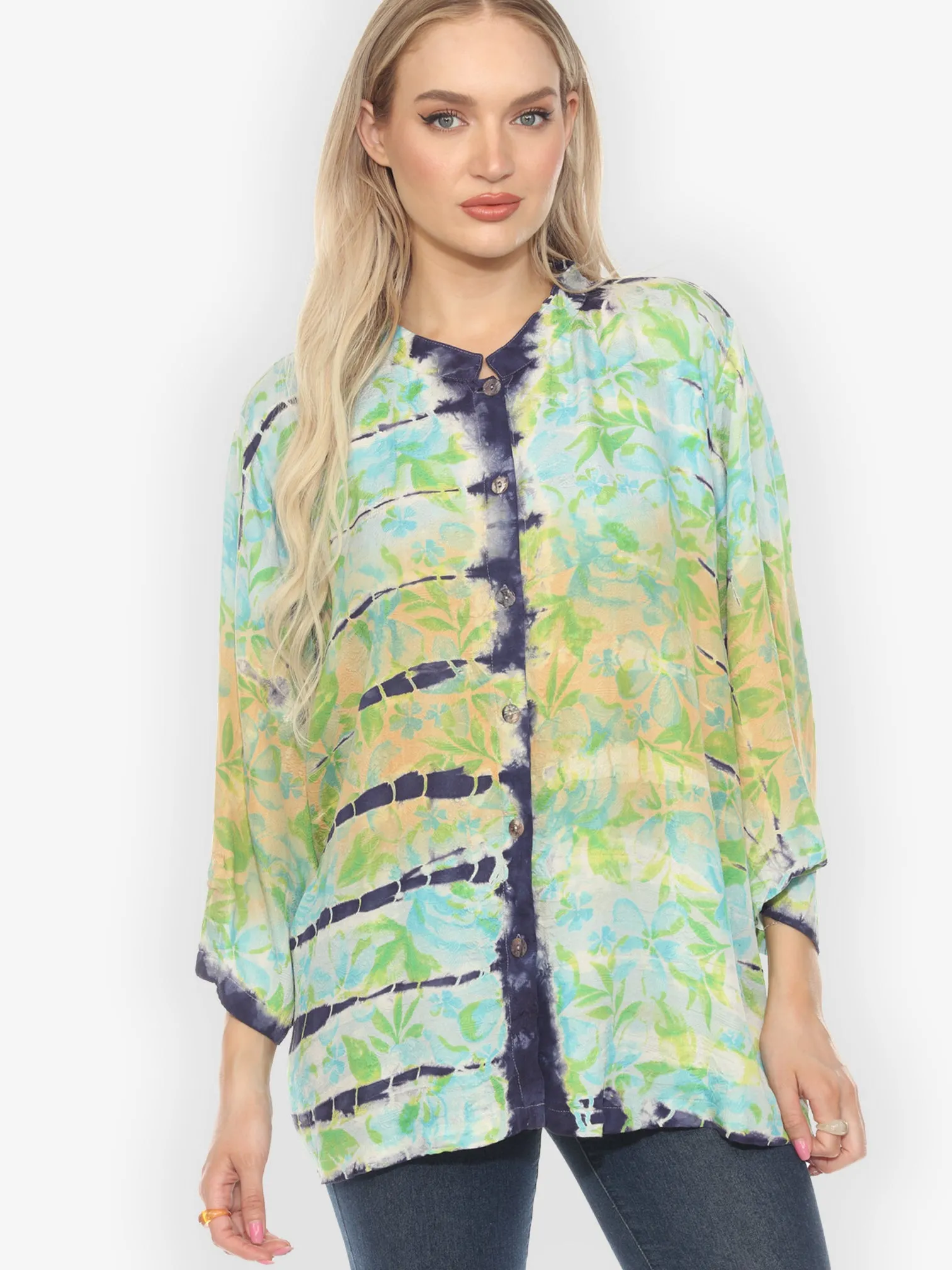 Leaves and Flowers Tie Dye Silk Blouse - 4X sold by Citron