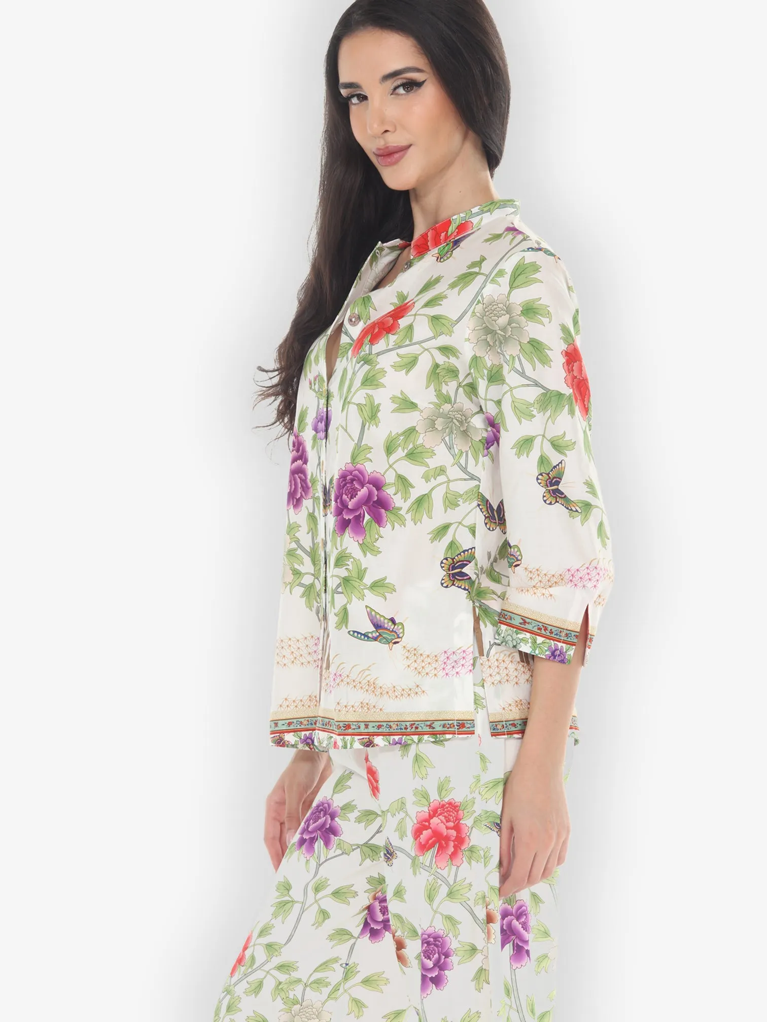 Border Floral Butterflies in White Cotton Blouse sold by Citron product image thumbnail 2
