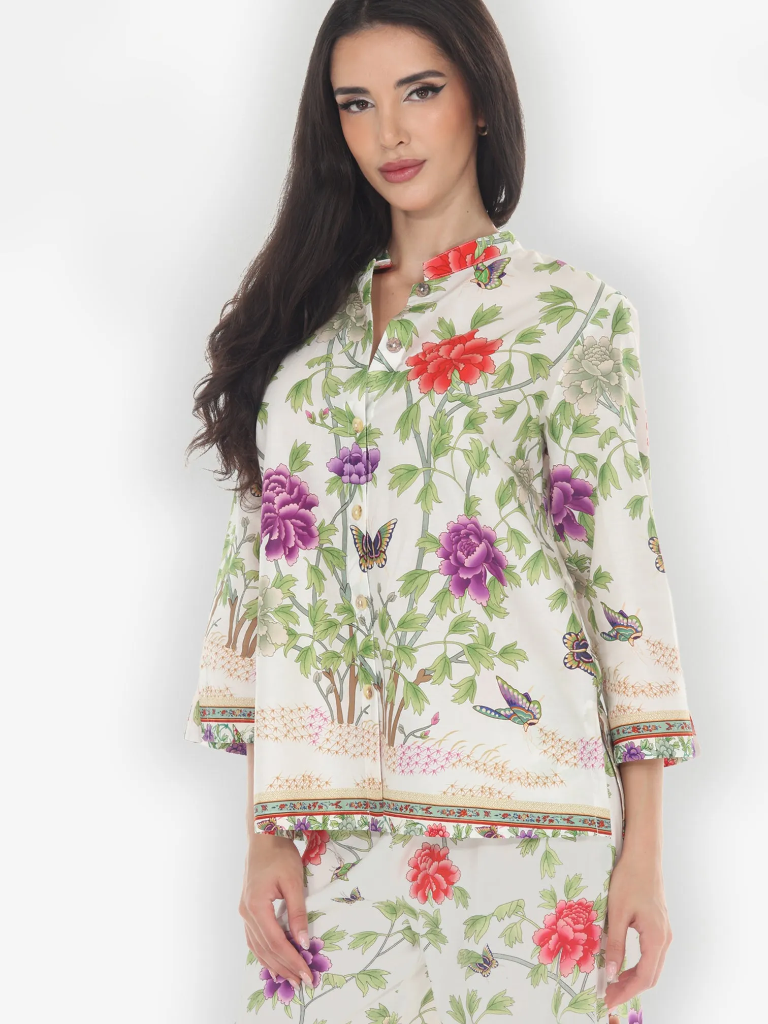 Border Floral Butterflies in White Cotton Blouse sold by Citron