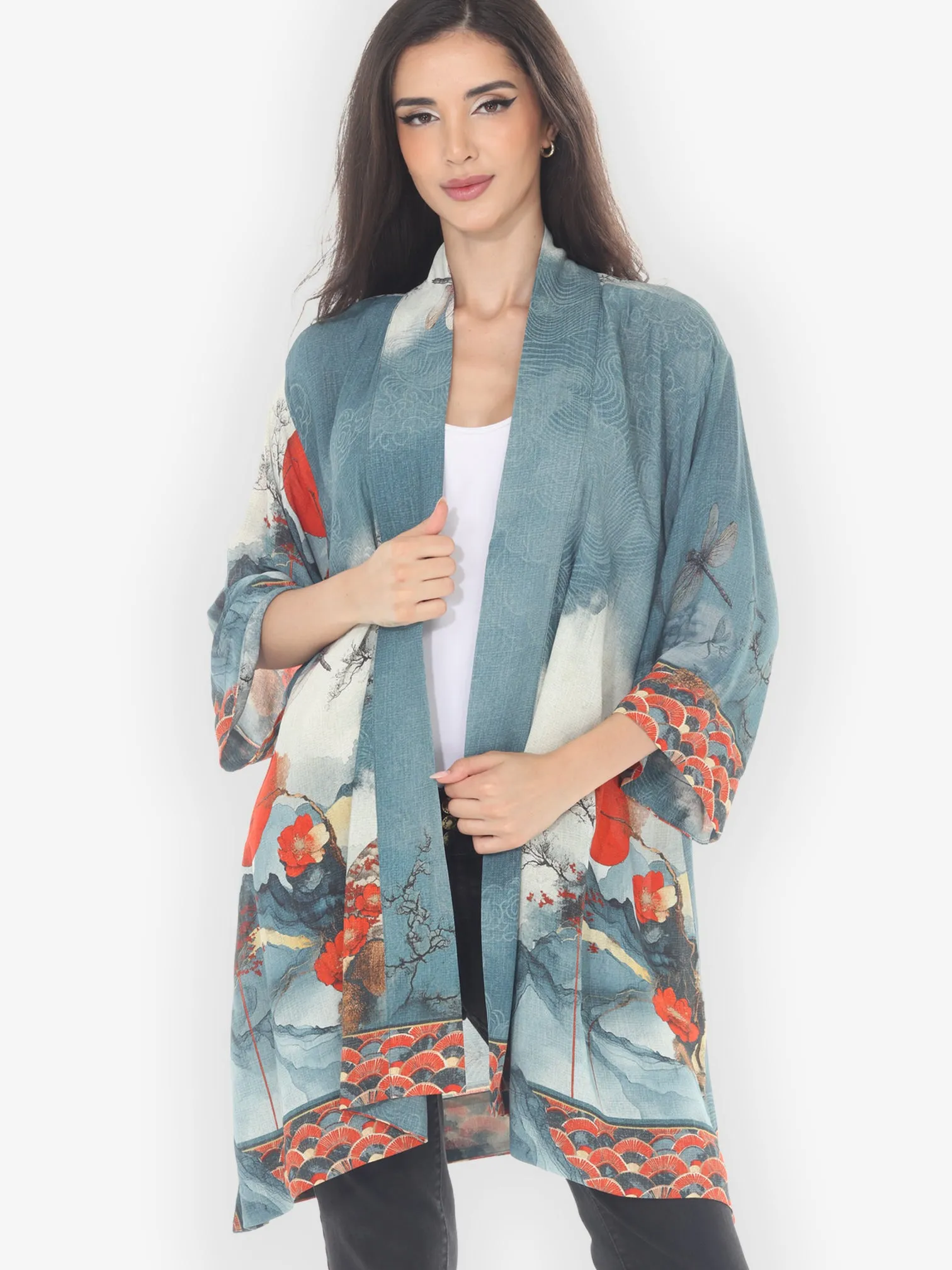 Dragonfly & Mountain Art Kimono Jacket sold by Citron