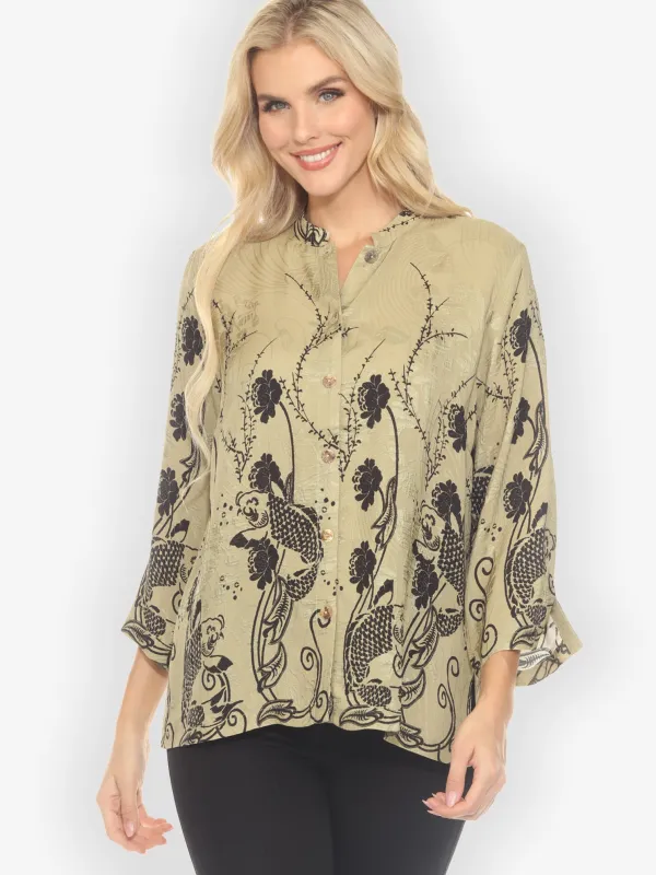Graceful Fish Flowers in Khaki Classic Silk Blouse sold by Citron