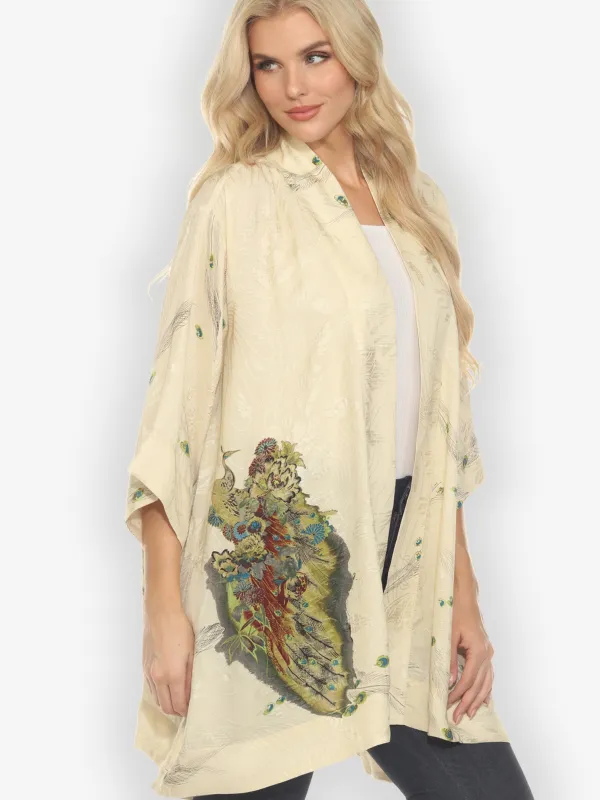 Peacock Floral White Silk Kimono Jacket sold by Citron