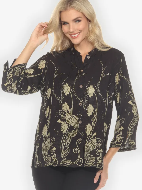 Graceful Fish Flowers in Black Silk Blouse sold by Citron