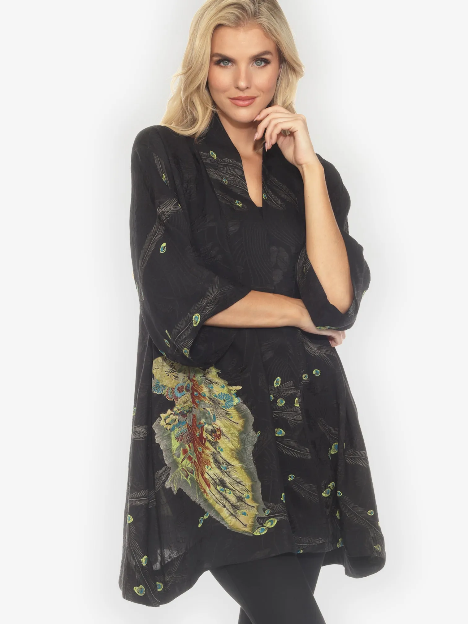 Peacock Floral Black Silk Kimono Jacket sold by Citron