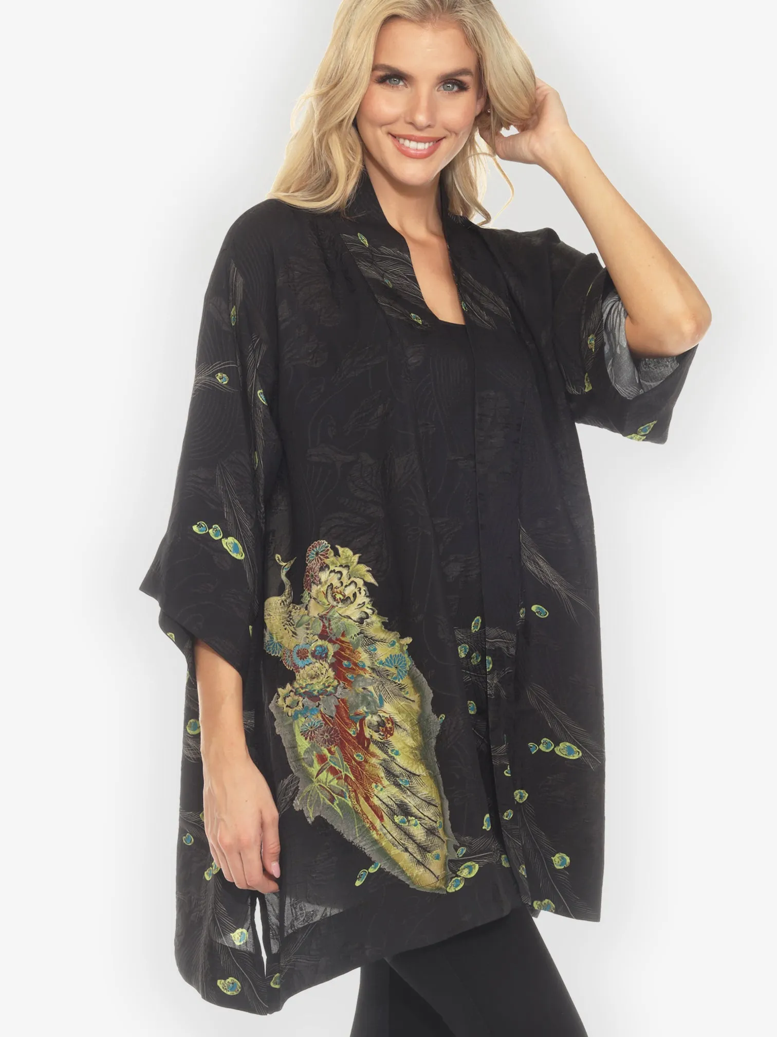 Peacock Floral Black Silk Kimono Jacket sold by Citron product image thumbnail 2
