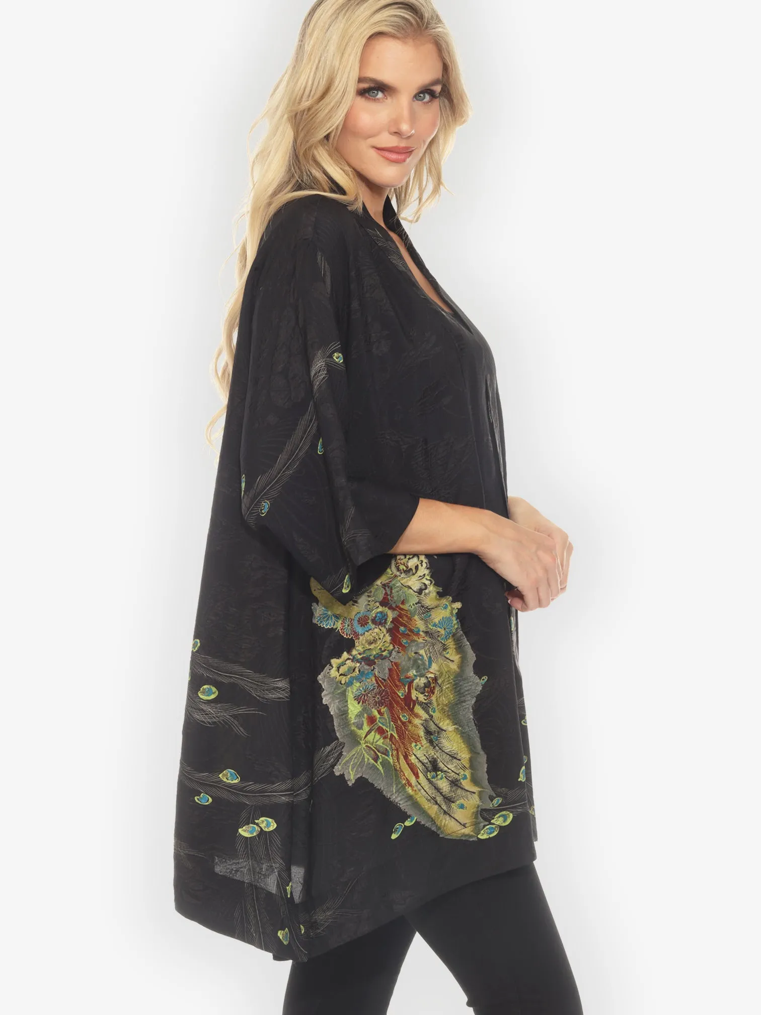 Peacock Floral Black Silk Kimono Jacket sold by Citron product image thumbnail 3
