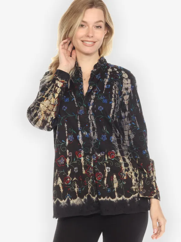 Sunrise Embroidery Black Tie Dye Cotton Tunic - S sold by Citron