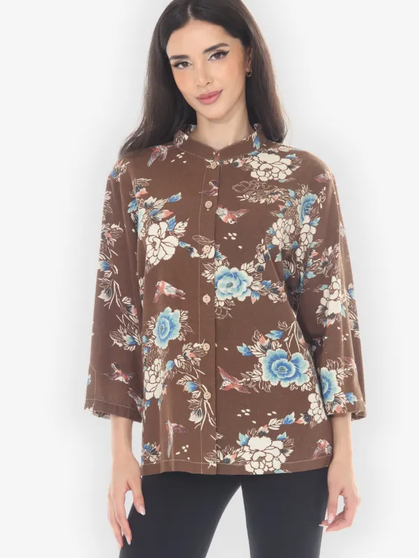Raw Silk Birds Floral Blouse - 1X sold by Citron