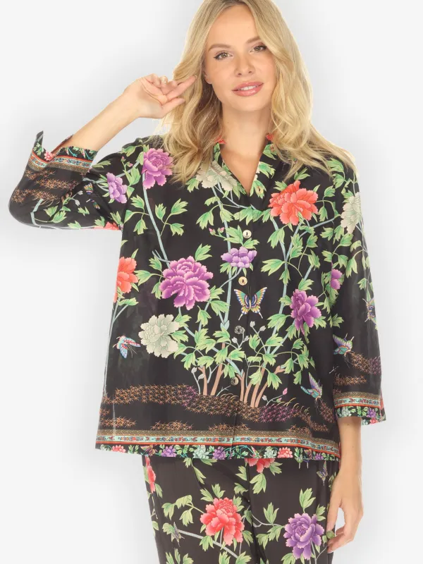 Border Floral Butterflies in Black Cotton Blouse sold by Citron