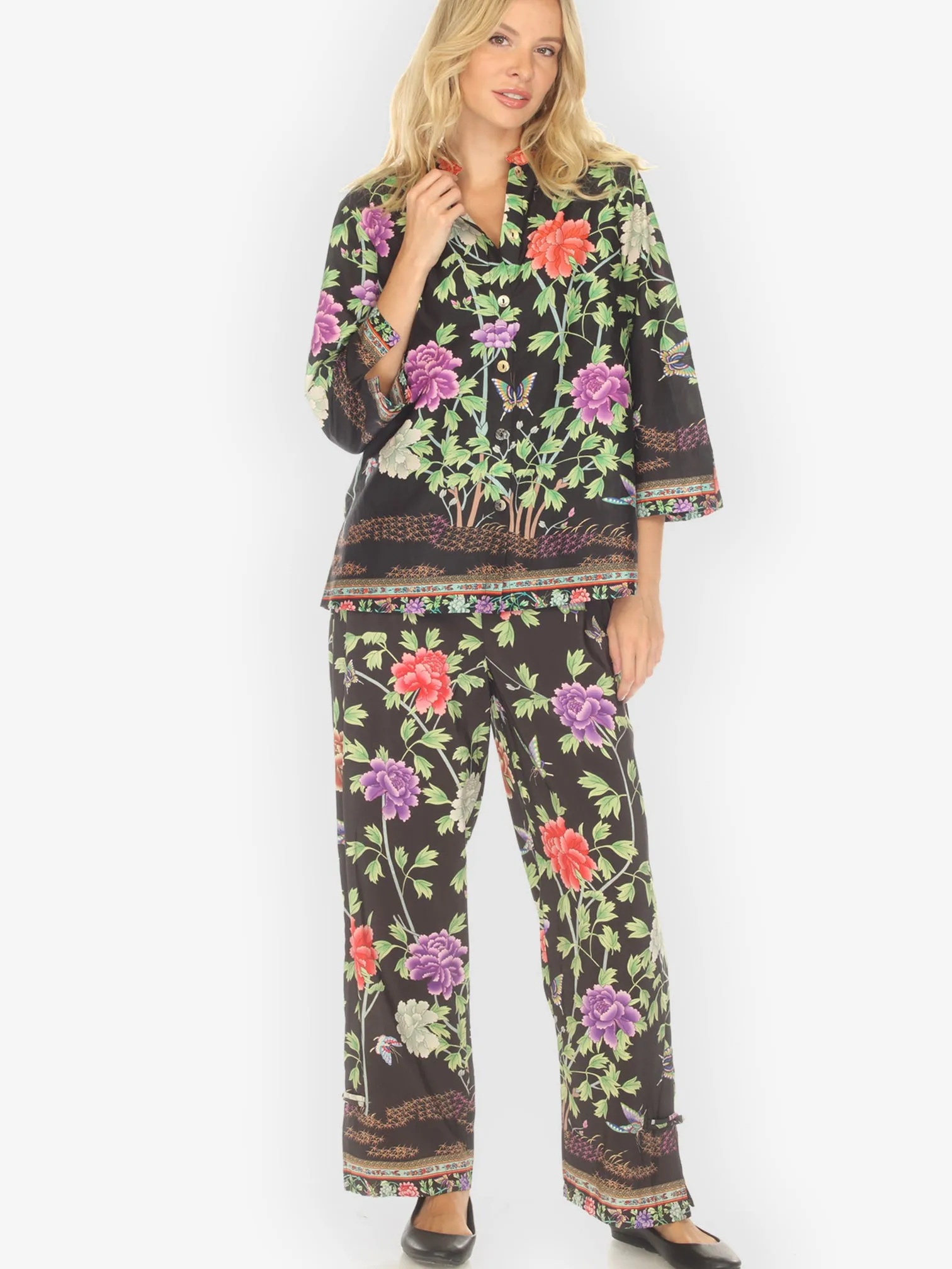 Border Floral Butterflies in Black Pull on Pant sold by Citron