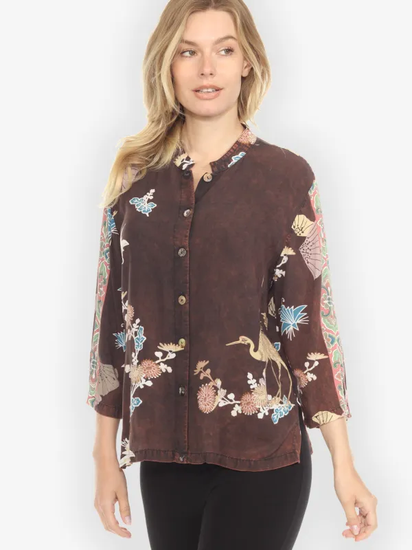 Crane Flowers Border Hand Dyed -Type B Blouse - L sold by Citron