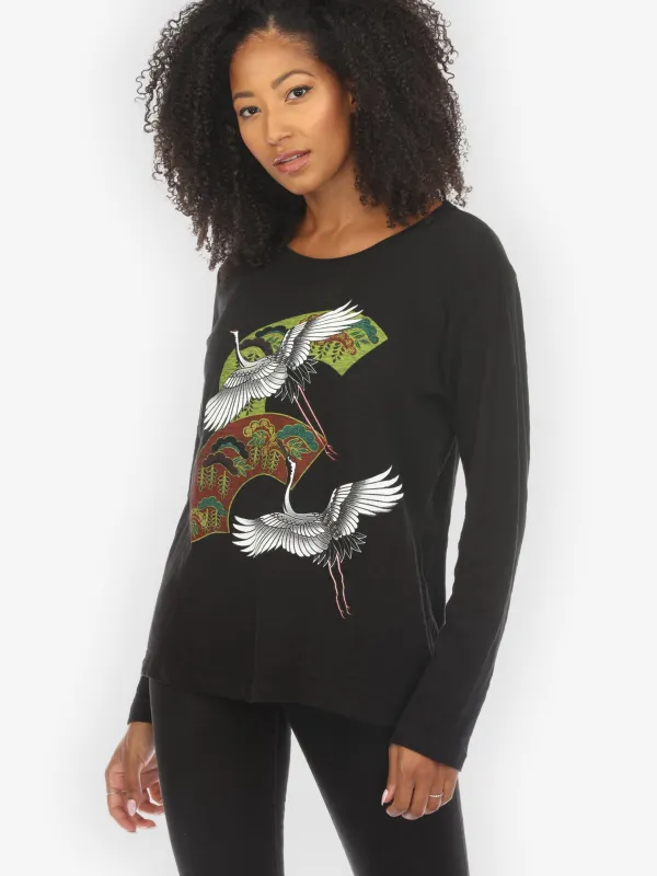 Crane Bonsai Print Long Sleeve Heavier Fabric Tee - XS; 2X sold by Citron