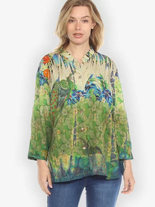 Peacock Garden Foliage Blue Bamboo Tie Dye Blouse - 0X sold by Citron