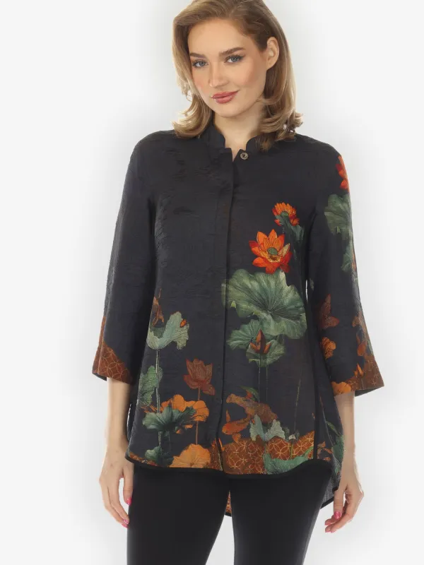 Lotus Paradise Navy Silk Tummy Tuck Shirt made by Citron