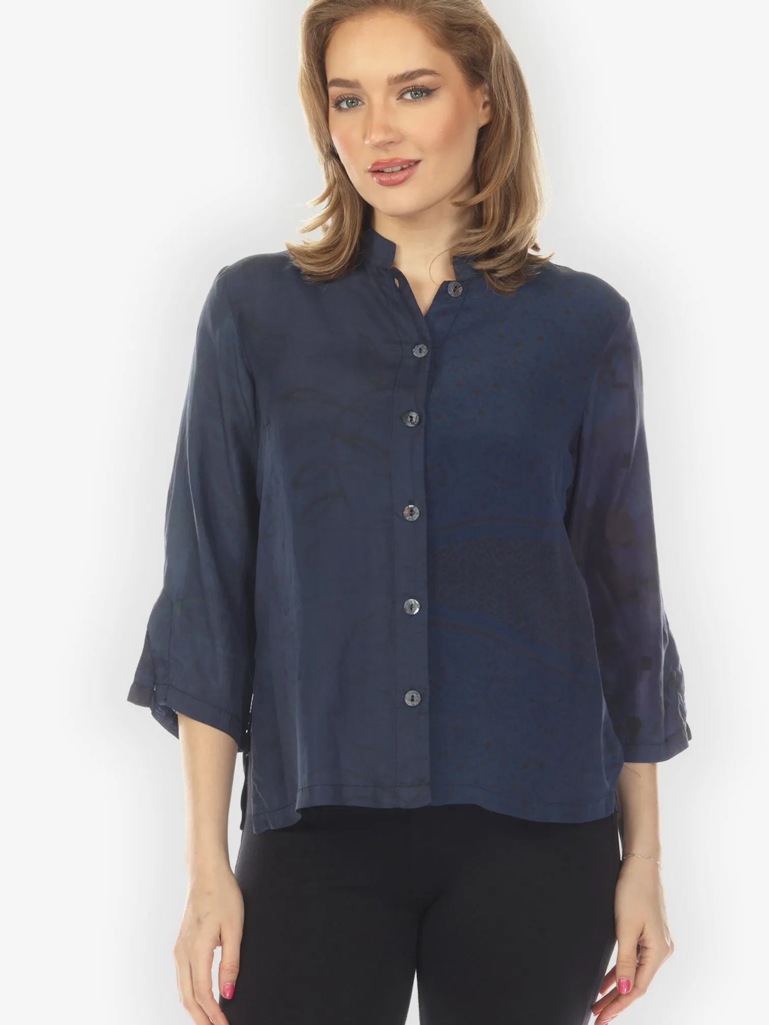 Silk Patch Print Navy Hand Dyed Blouse - M sold by Citron