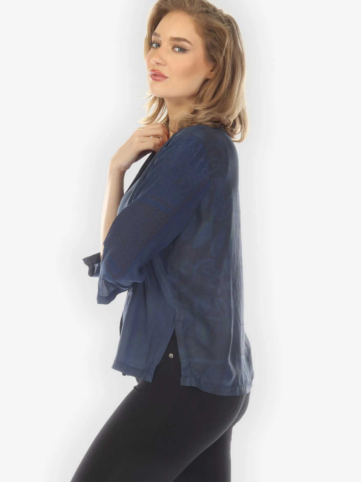 Silk Patch Print Navy Hand Dyed Blouse - M sold by Citron product image thumbnail 3