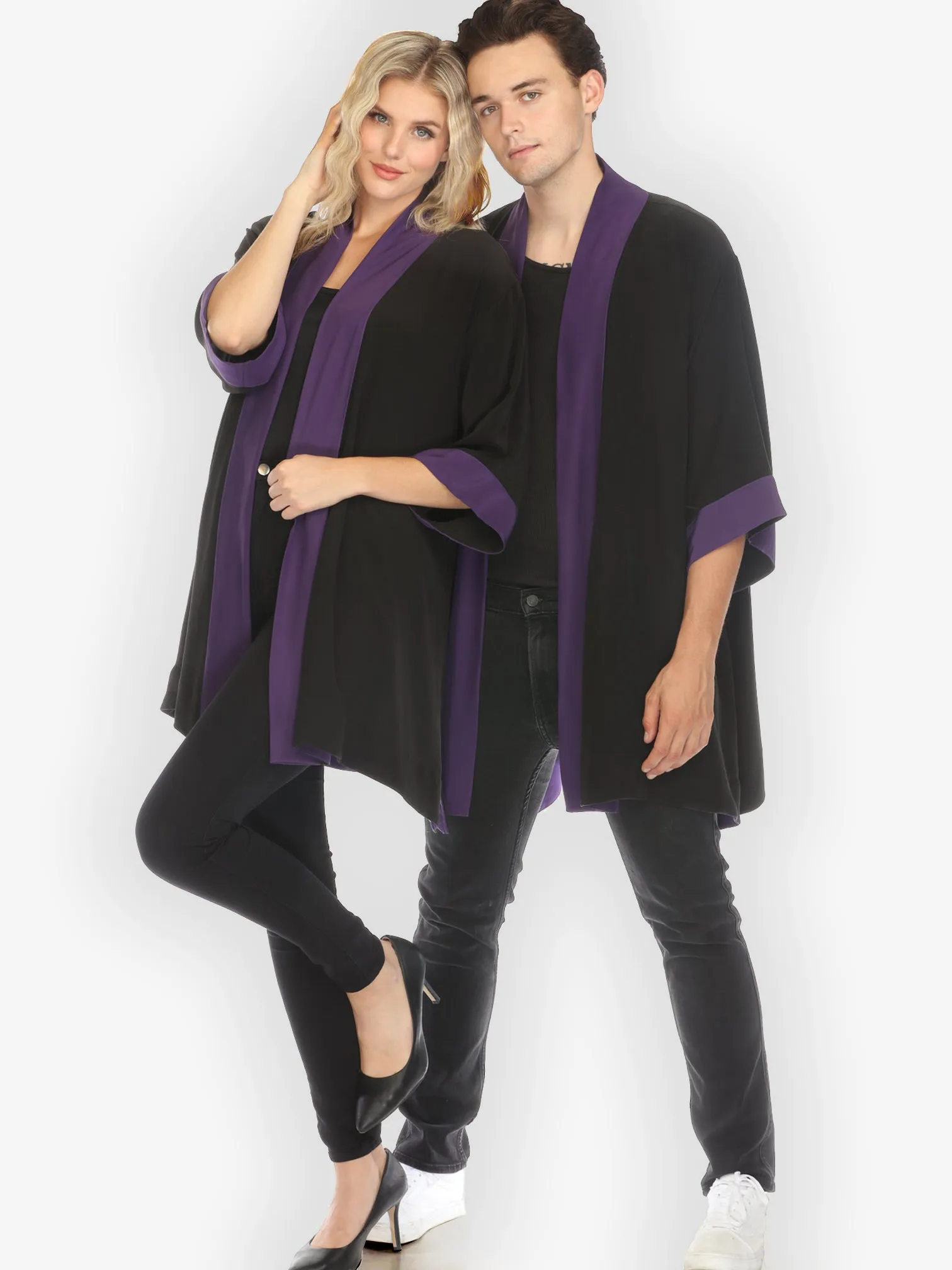 Solid Pure Silk Black Purple Kimono Jacket - M; XL sold by Citron
