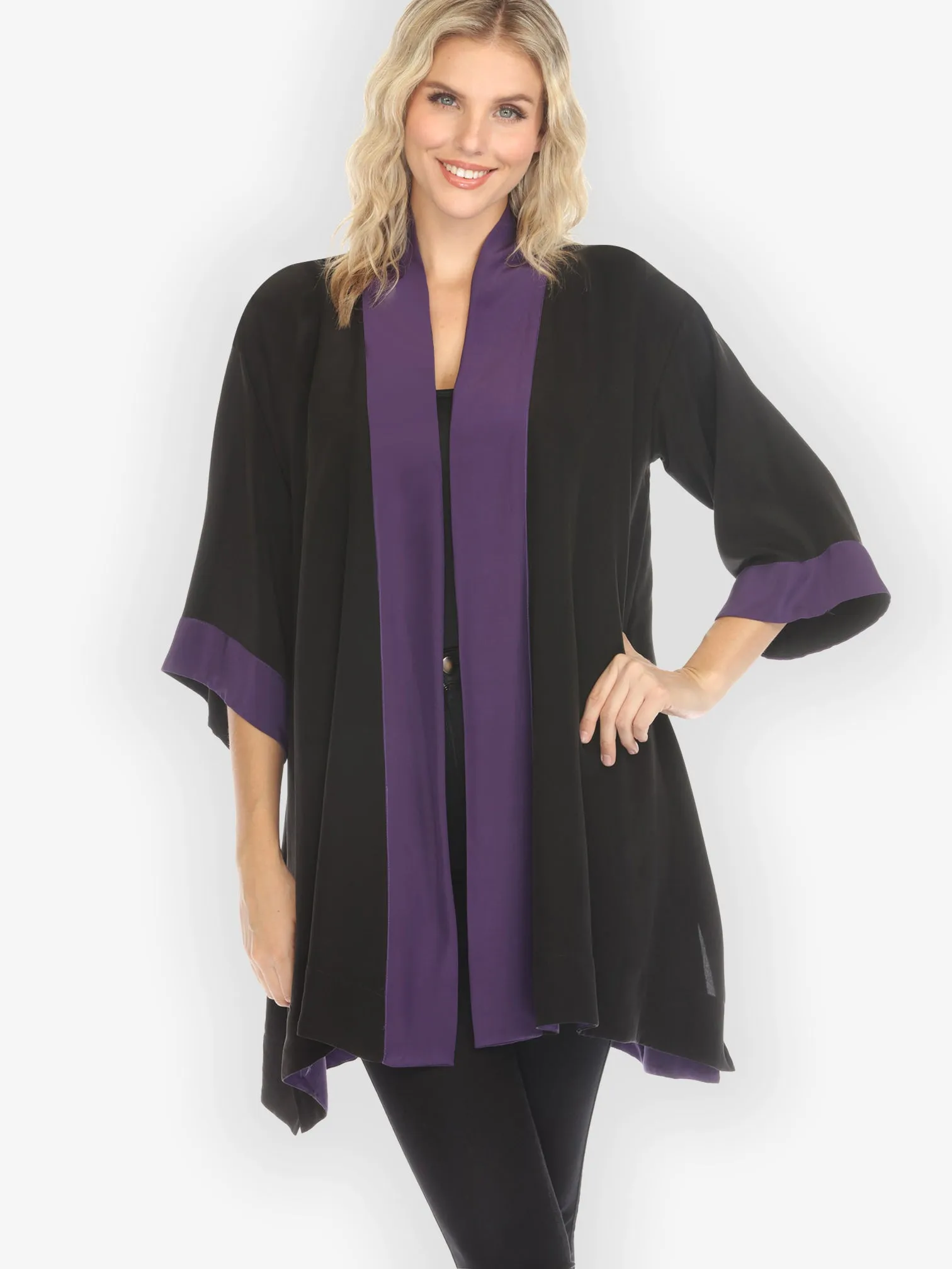 Solid Pure Silk Black Purple Kimono Jacket - M; XL sold by Citron product image thumbnail 2