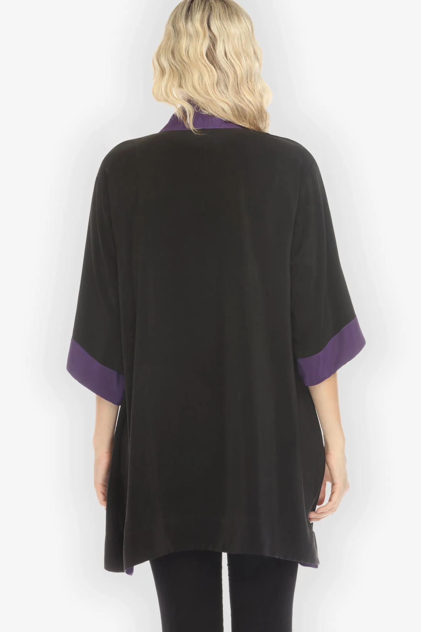 Solid Pure Silk Black Purple Kimono Jacket - M; XL sold by Citron product image thumbnail 3