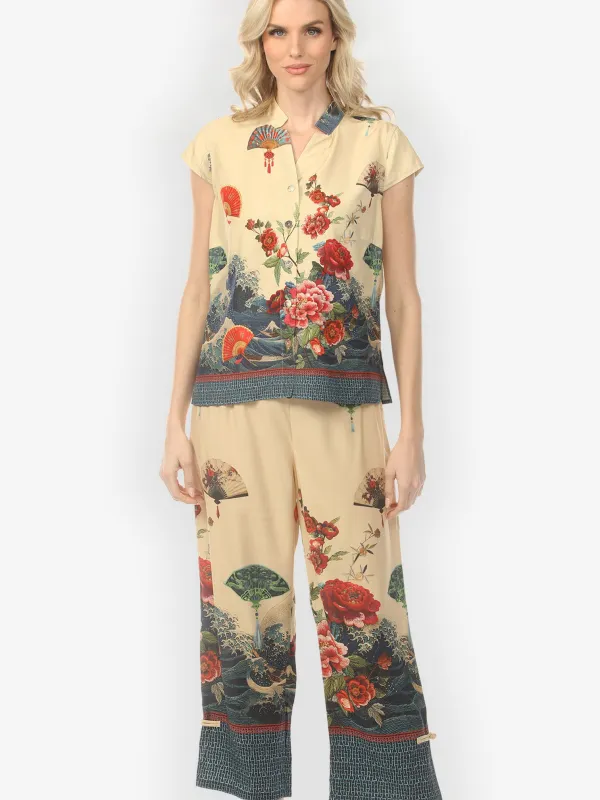 Waves Fans Flowers in Cream Pull on Pant made by Citron
