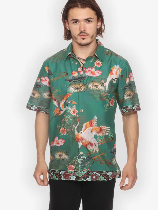 Elegant Crane Lotus Men's Cotton Shirt made by Citron