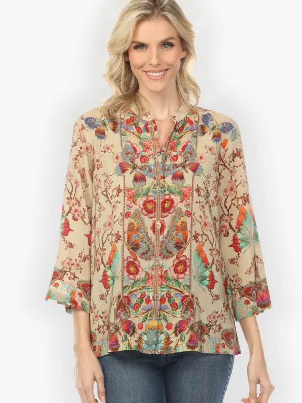 Embroidery Butterflies Blossoms in Sand Silk Blouse made by Citron