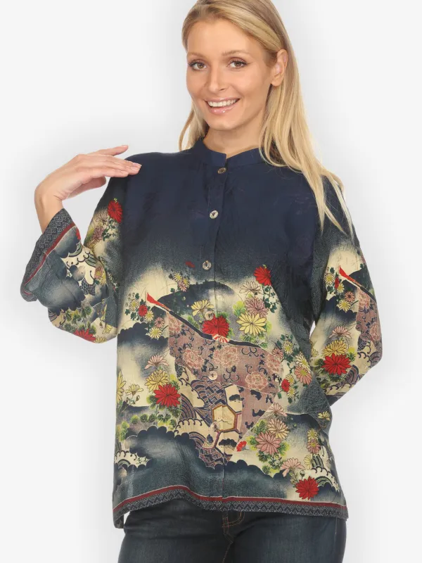 Magic Organic Beauty in Navy Silk Blouse made by Citron