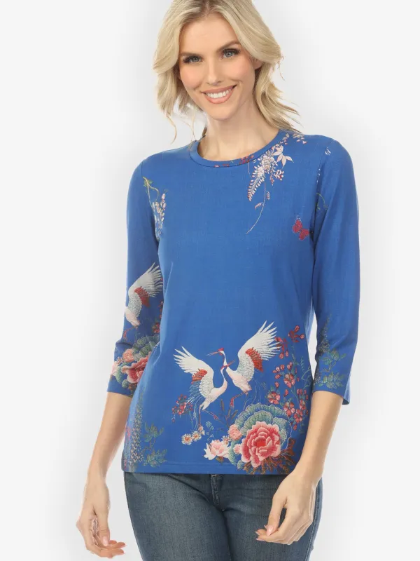 Wisteria Butterflies Crane in Blue ¾ Sleeve Tee made by Citron