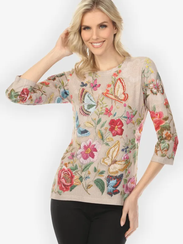 Embroidery Butterfly and Flower¾ Sleeve Tee made by Citron