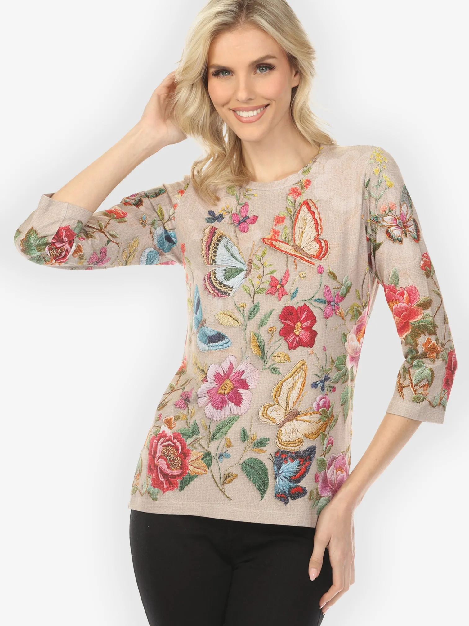 Embroidery Butterfly and Flower¾ Sleeve Tee sold by Citron
