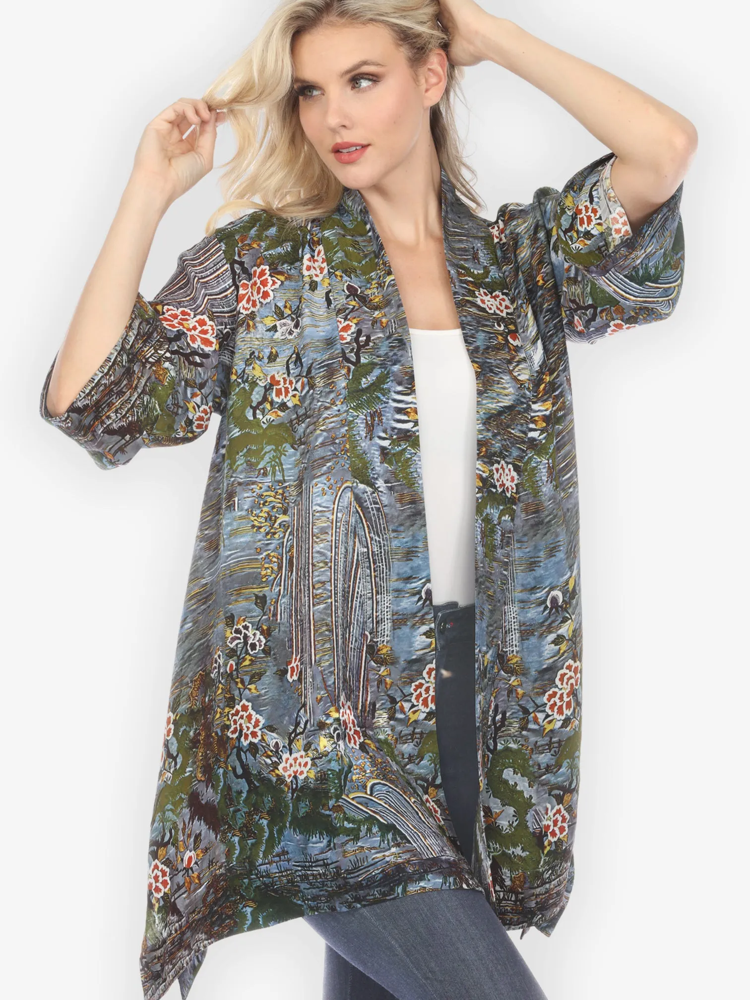 Waterfall and Flowers Silk Kimono Jacket sold by Citron