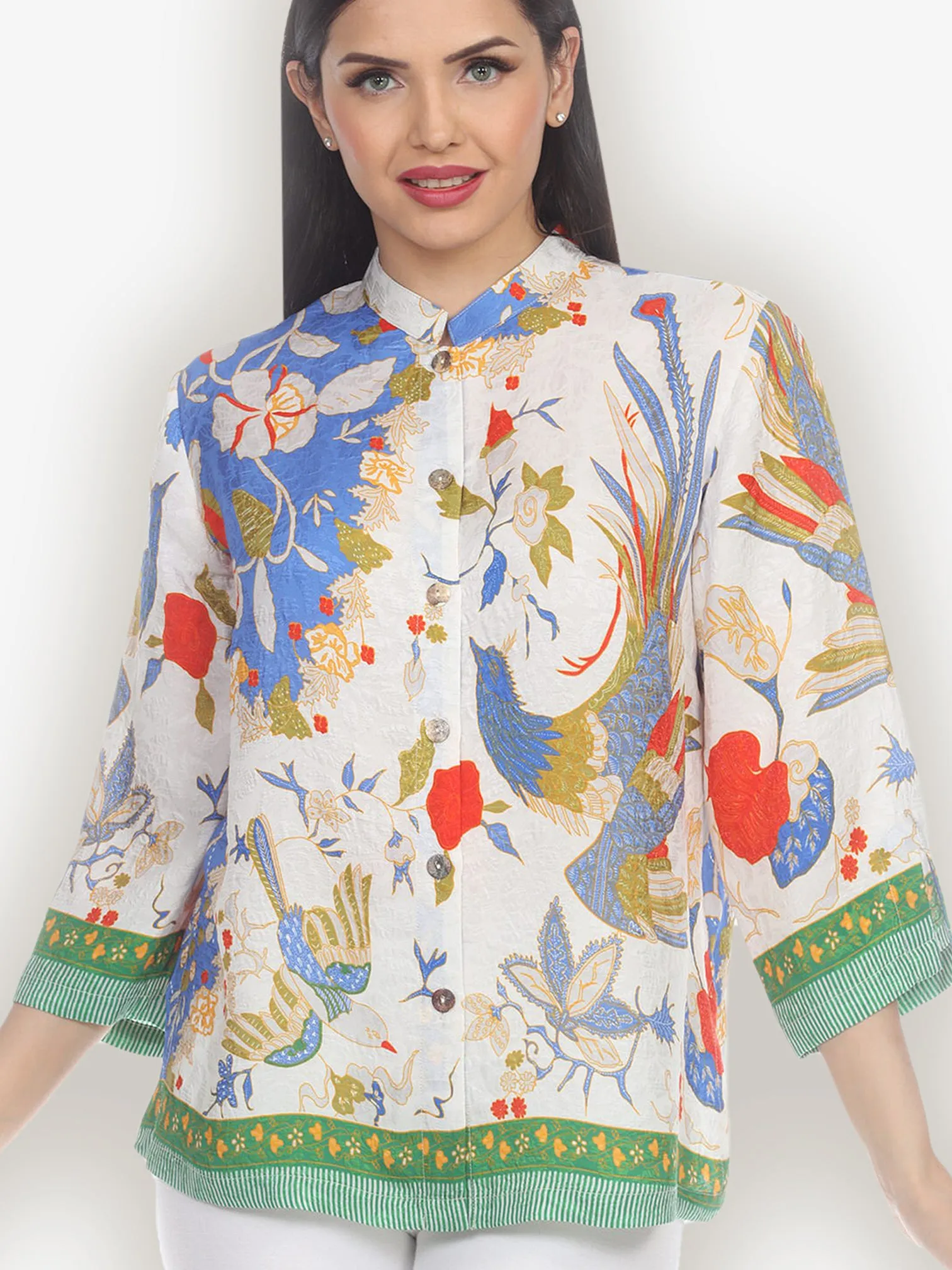 Peacock Floral Border Silk Blend Blouse sold by Citron