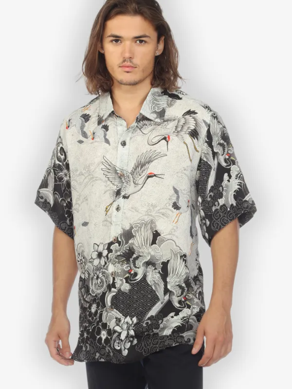 Black White Crane Wave Men’s Silk Blend Shirt sold by Citron