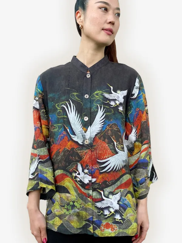 Cranes Over Mountain Silk Blouse sold by Citron