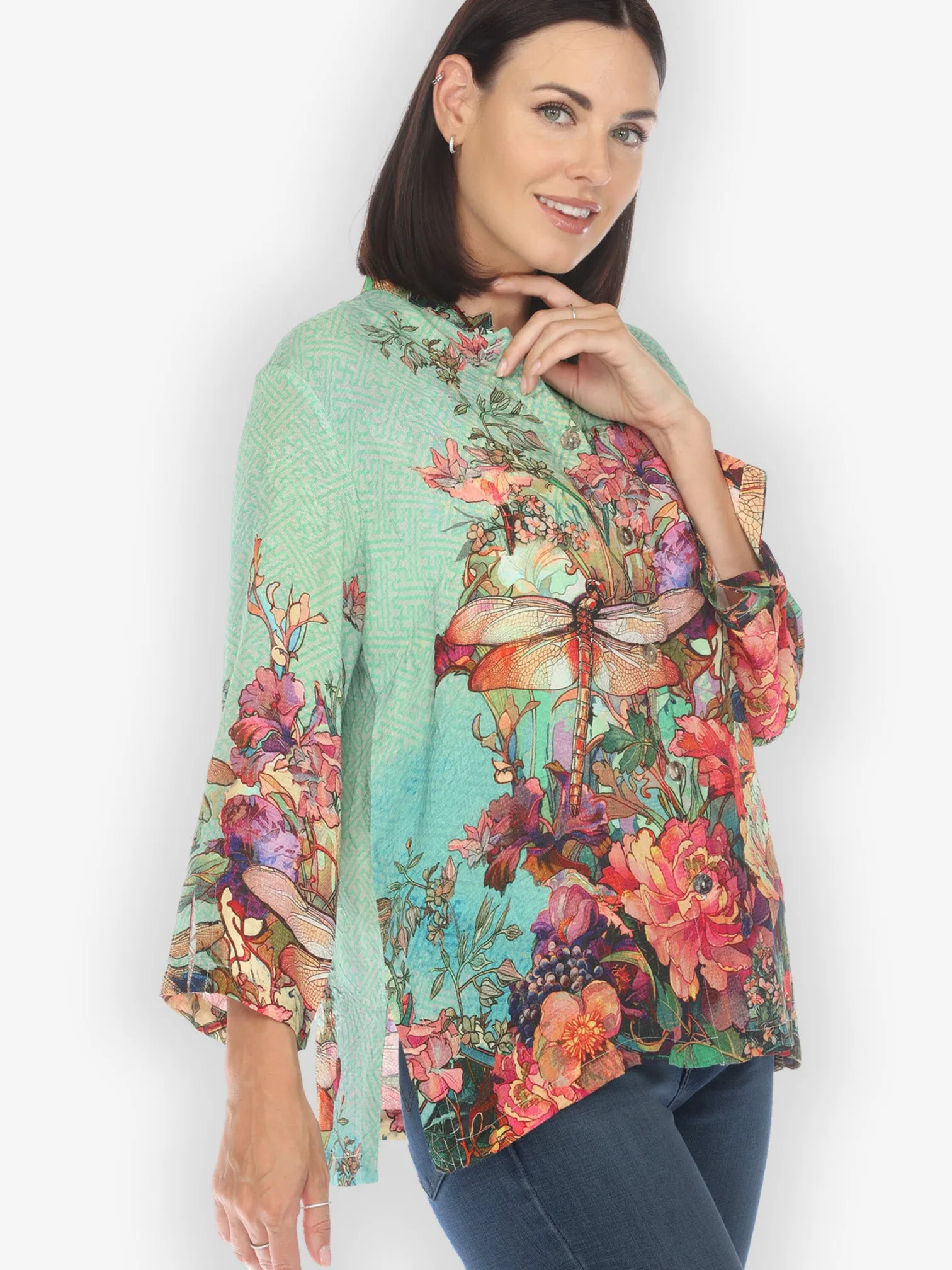 Colorful Dragonfly Floral Silk Blend Blouse sold by Citron product image thumbnail 3