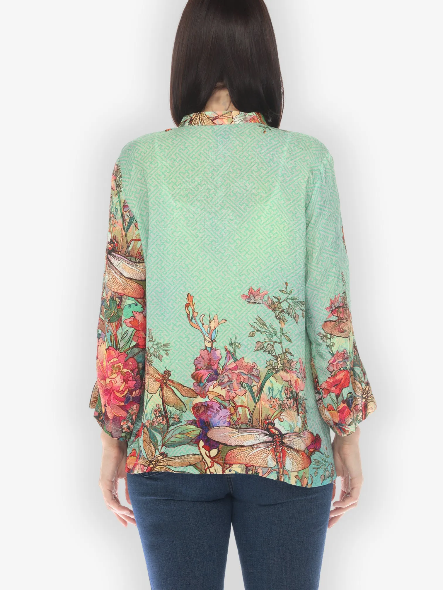 Colorful Dragonfly Floral Silk Blend Blouse sold by Citron product image thumbnail 4