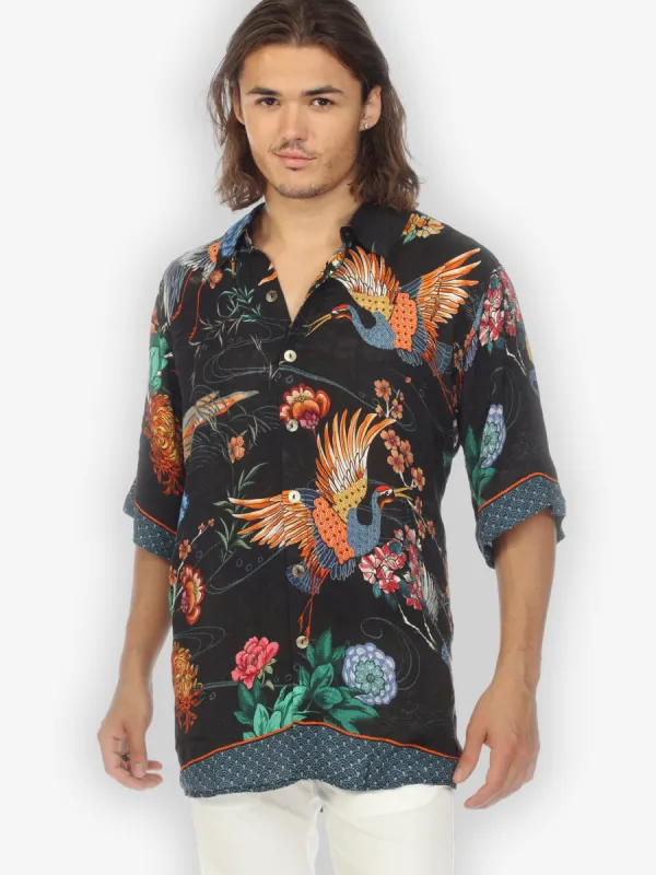 Crane With Landscape Men’s Silk Blend Shirt sold by Citron