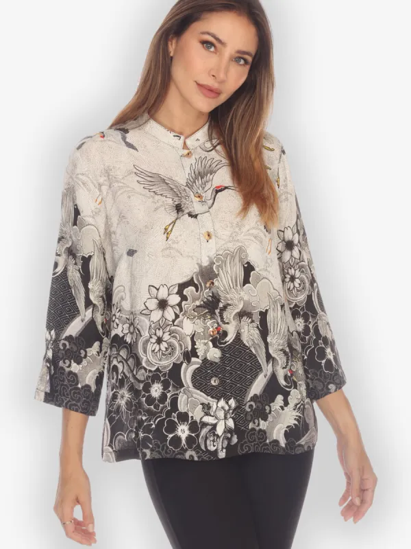 Black White Crane Wave Silk Blend Blouse sold by Citron