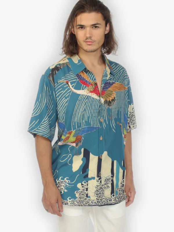 Cranes Waves Blue Silk Men’s Shirt sold by Citron