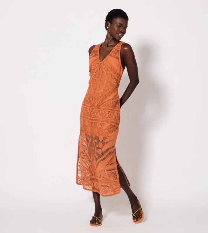 Shelby Crochet Midi Dress | Apricot Brandy sold by Cleobella