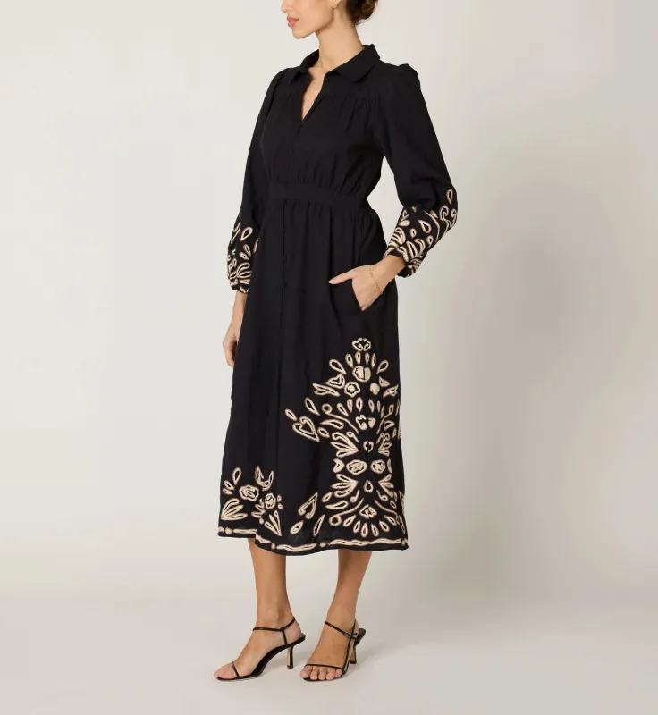 Elyse Midi Dress | Black/Ivory sold by Cleobella