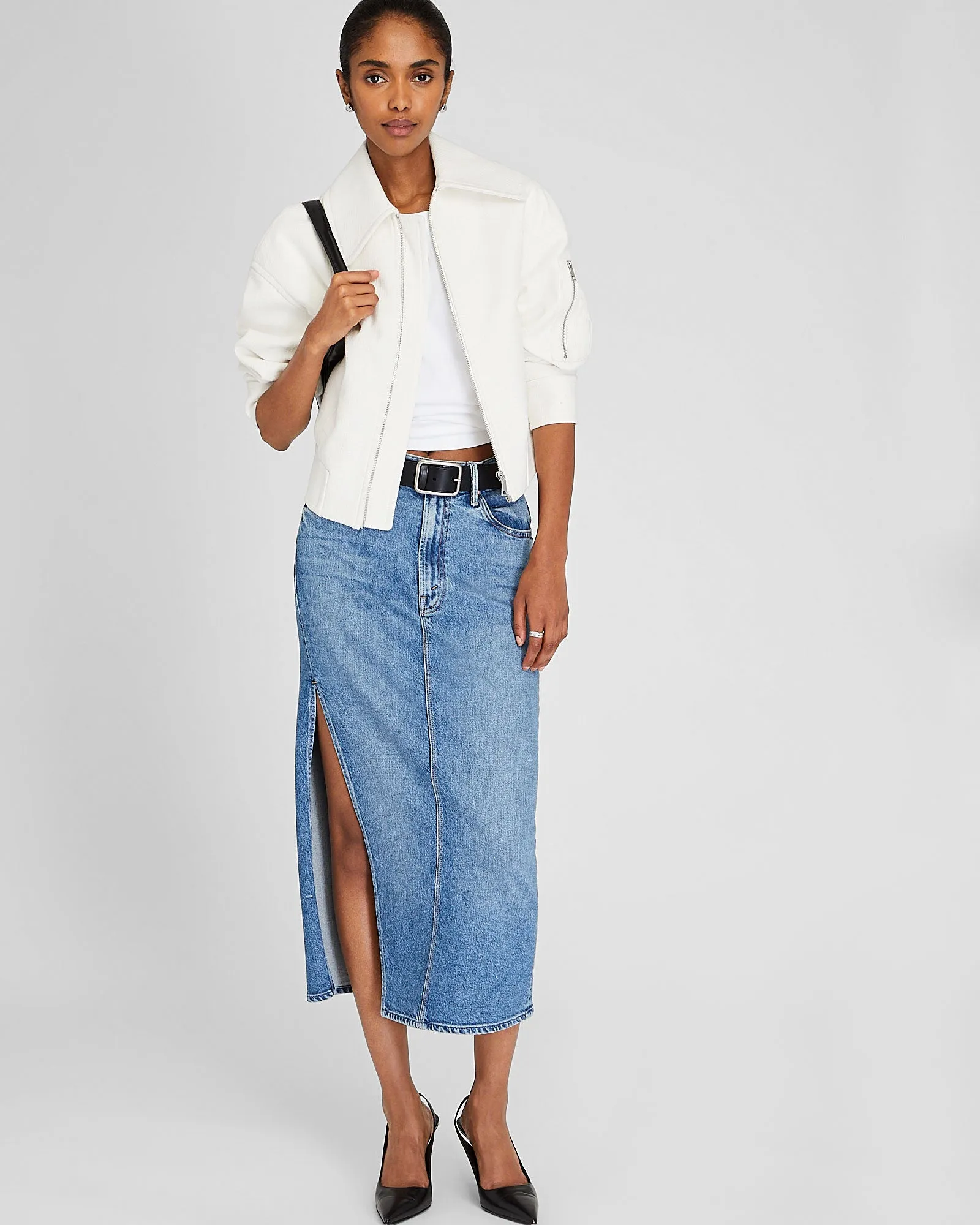 MOTHER The Split Second Denim Midi Skirt sold by Club Monaco