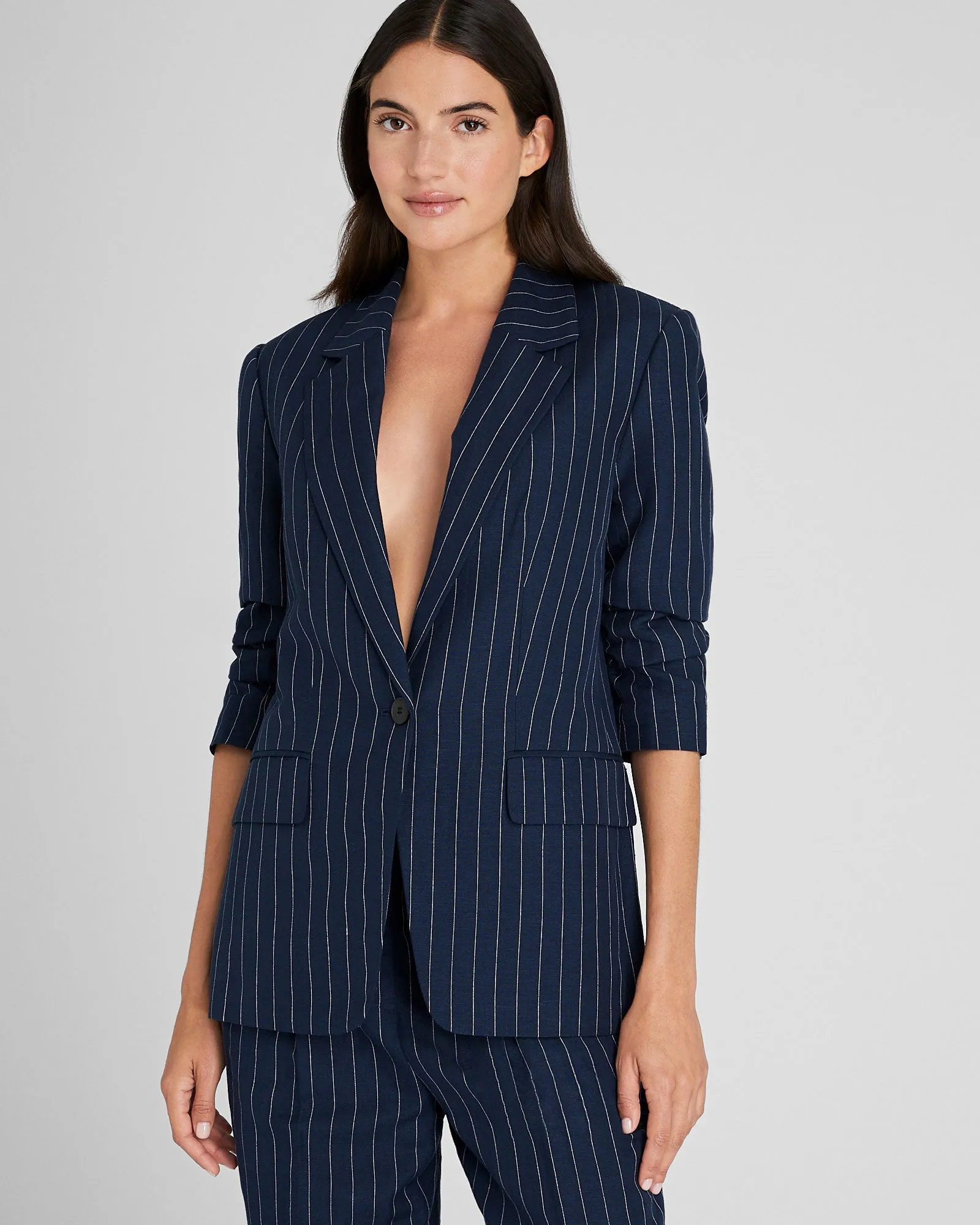Pinstripe Single-Breasted Linen-Blend Blazer sold by Club Monaco