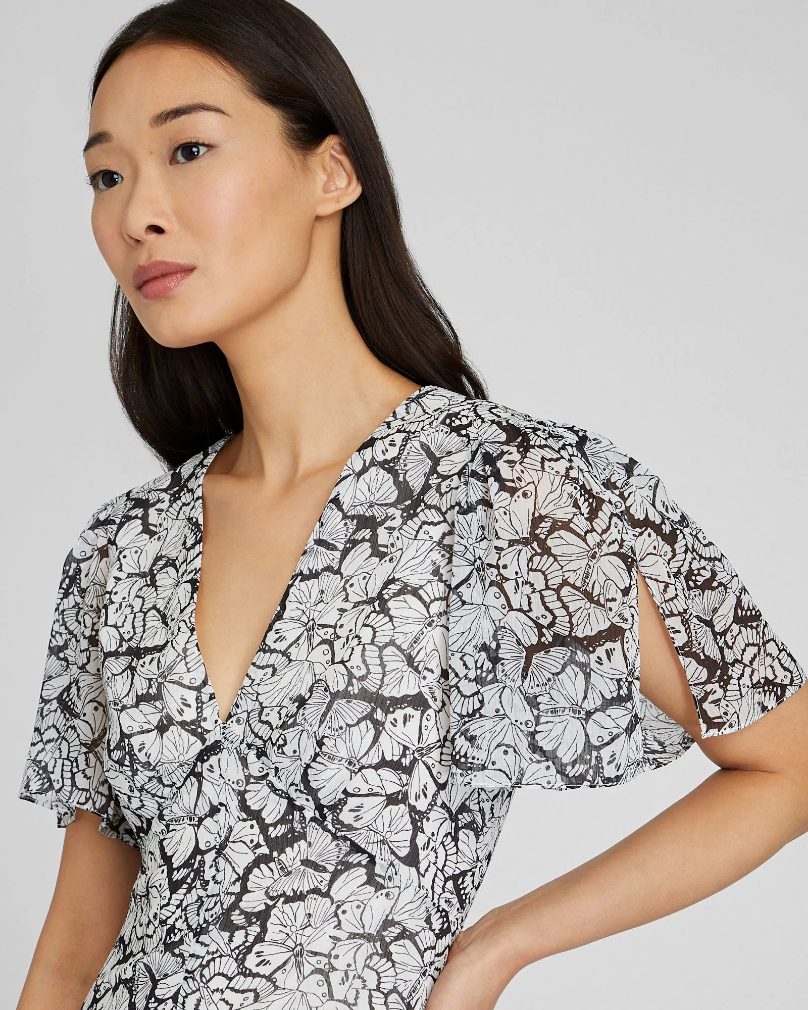 Tiered Flutter Sleeve V-Neck Midi Dress sold by Club Monaco product image thumbnail 3