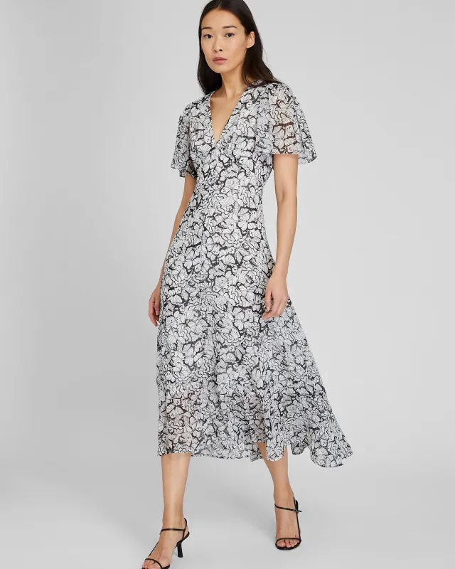 Tiered Flutter Sleeve V-Neck Midi Dress sold by Club Monaco