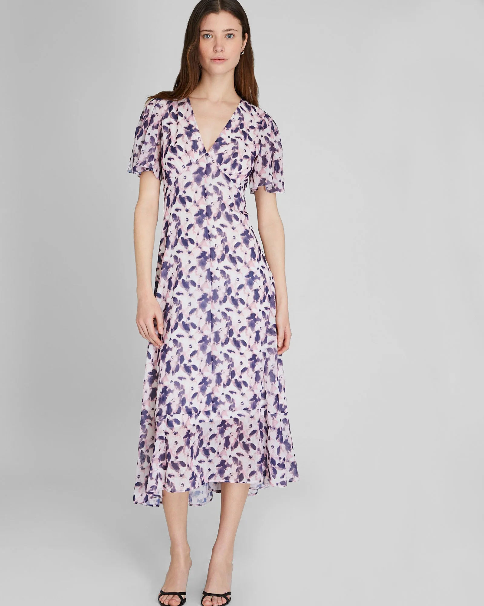 Tiered Flutter Sleeve V-Neck Midi Dress sold by Club Monaco
